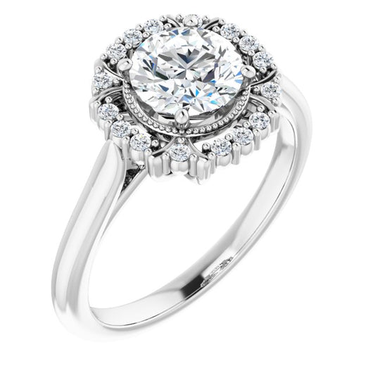10K White Gold Customizable Round Cut Design with Majestic Crown Halo and Raised Illusion Setting