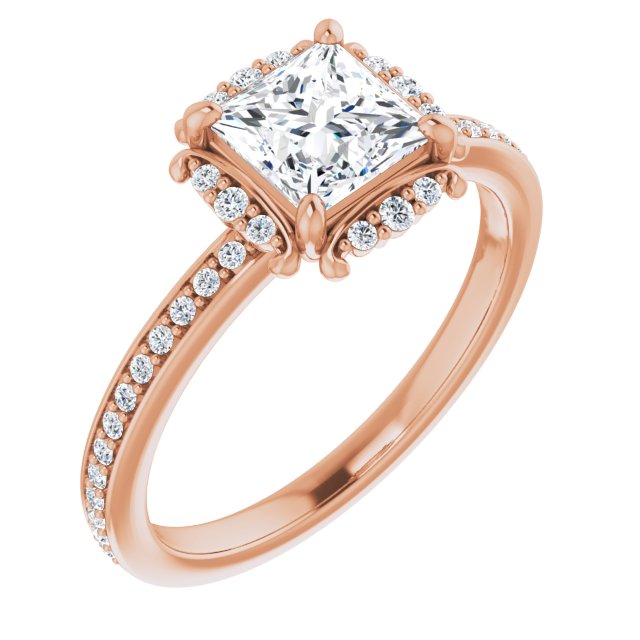 10K Rose Gold Customizable Princess/Square Cut Style with Halo and Thin Shared Prong Band