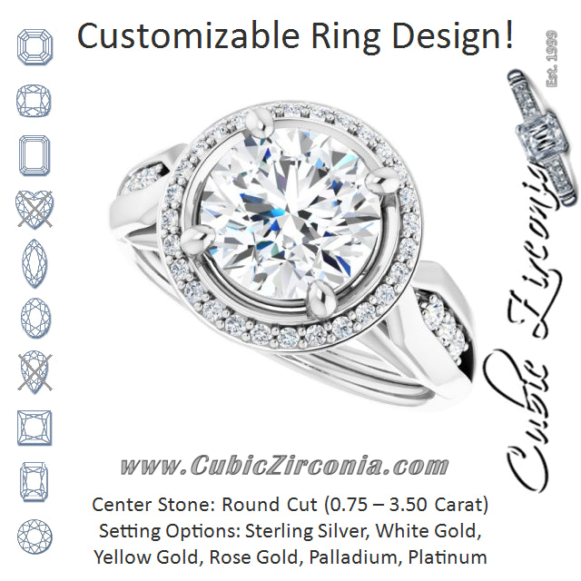 Cubic Zirconia Engagement Ring- The Ina Vaani (Customizable Cathedral-raised Round Cut Design with Halo and Tri-Cluster Band Accents)