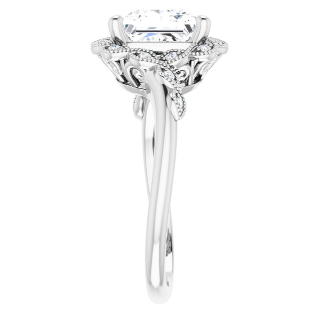Cubic Zirconia Engagement Ring- The Makayla Belle (Customizable 3-stone Design with Princess/Square Cut Center and Halo Enhancement)