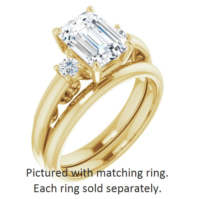 Cubic Zirconia Engagement Ring- The Danika (Customizable Emerald Cut 3-stone Style featuring Heart-Motif Band Enhancement)