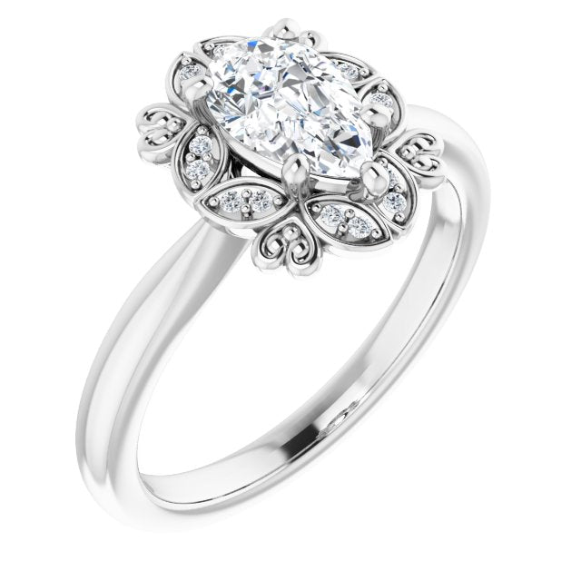10K White Gold Customizable Pear Cut Design with Floral Segmented Halo & Sculptural Basket