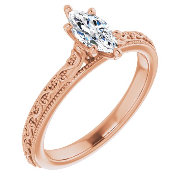 10K Rose Gold Customizable Marquise Cut Solitaire with Delicate Milgrain Filigree Band