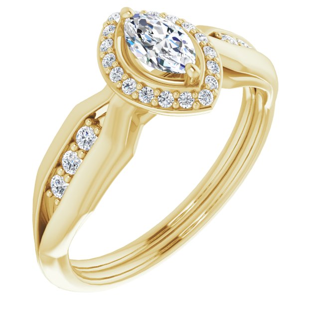 10K Yellow Gold Customizable Cathedral-raised Marquise Cut Design with Halo and Tri-Cluster Band Accents