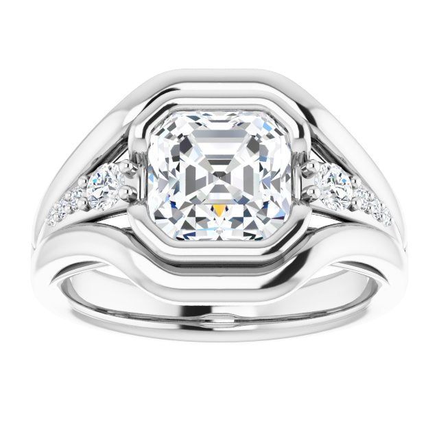 Cubic Zirconia Engagement Ring- The Naira (Customizable 9-stone Asscher Cut Design with Bezel Center, Wide Band and Round Prong Side Stones)