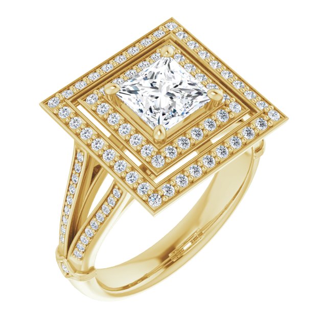 10K Yellow Gold Customizable Cathedral-set Princess/Square Cut Design with Double Halo, Wide Split-Shared Prong Band and Side Knuckle Accents