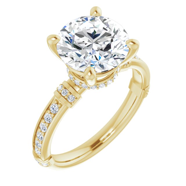 10K Yellow Gold Customizable Round Cut Style featuring Under-Halo, Shared Prong and Quad Horizontal Band Accents