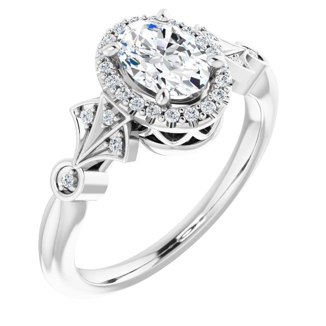 10K White Gold Customizable Cathedral-Crown Oval Cut Design with Halo and Scalloped Side Stones