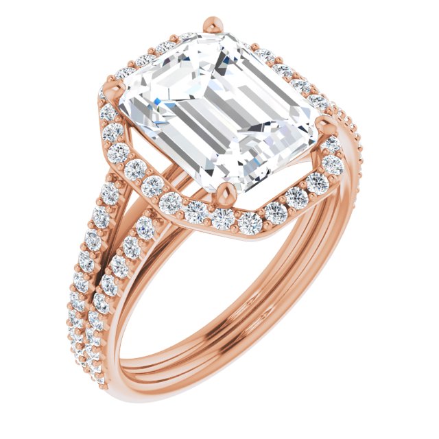 10K Rose Gold Customizable Cathedral Emerald/Radiant Cut Design with Geometric Halo & Split Pavé Band