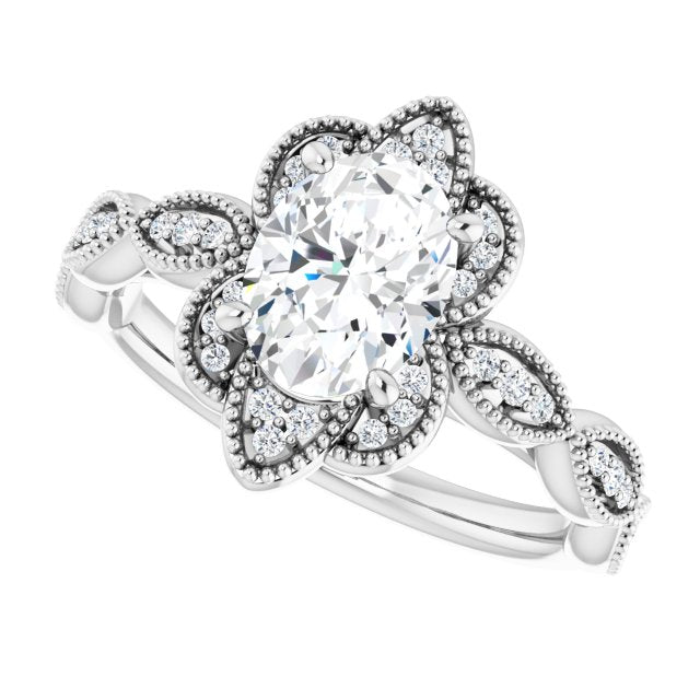 Cubic Zirconia Engagement Ring- The Huá (Customizable Cathedral-style Oval Cut Design with Floral Segmented Halo & Milgrain+Accents Band)