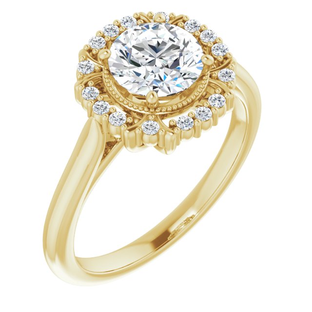 10K Yellow Gold Customizable Round Cut Design with Majestic Crown Halo and Raised Illusion Setting