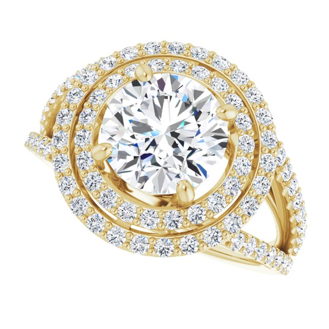 Cubic Zirconia Engagement Ring- The Carly Anne (Customizable Round Cut Design with Double Halo and Wide Split-Pavé Band)