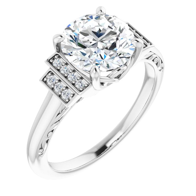 Cubic Zirconia Engagement Ring- The Brynhild (Customizable Engraved Design with Round Cut Center and Perpendicular Band Accents)