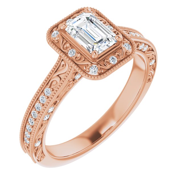 10K Rose Gold Customizable Vintage Artisan Emerald/Radiant Cut Design with 3-Sided Filigree and Side Inlay Accent Enhancements