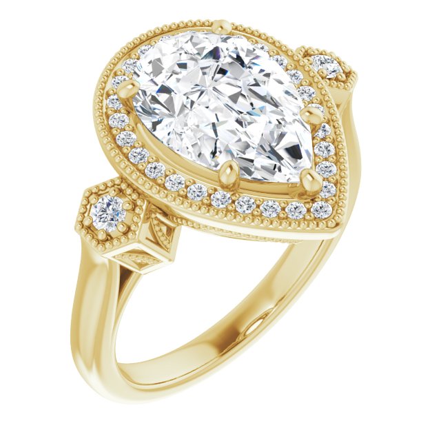 10K Yellow Gold Customizable Cathedral Pear Cut Design with Halo and Delicate Milgrain