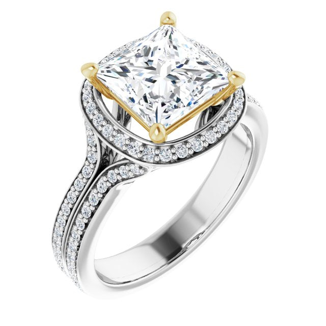 14K White & Yellow Gold Customizable Cathedral-raised Princess/Square Cut Setting with Halo and Shared Prong Band