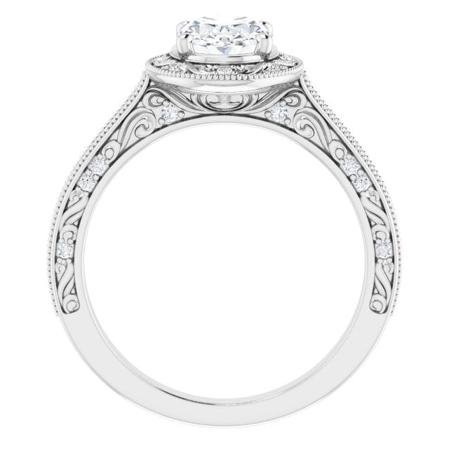 Cubic Zirconia Engagement Ring- The Eowyn (Customizable Vintage Artisan Oval Cut Design with 3-Sided Filigree and Side Inlay Accent Enhancements)