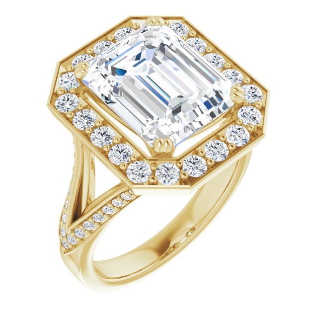 10K Yellow Gold Customizable Emerald/Radiant Cut Center with Large-Accented Halo and Split Shared Prong Band