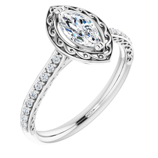10K White Gold Customizable Marquise Cut Halo Design with Filigree and Accented Band