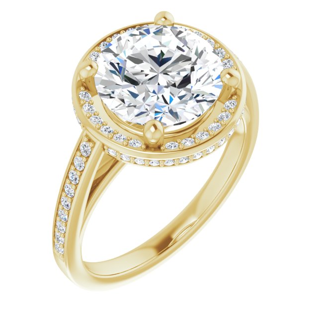 10K Yellow Gold Customizable Cathedral-Halo Round Cut Design with Under-halo & Shared Prong Band