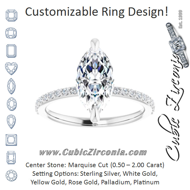 Cubic Zirconia Engagement Ring- The Geraldine Lea (Customizable Marquise Cut Style with Delicate Pavé Band)