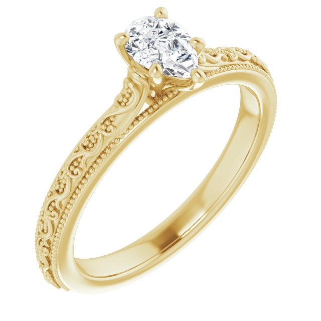 10K Yellow Gold Customizable Pear Cut Solitaire with Delicate Milgrain Filigree Band