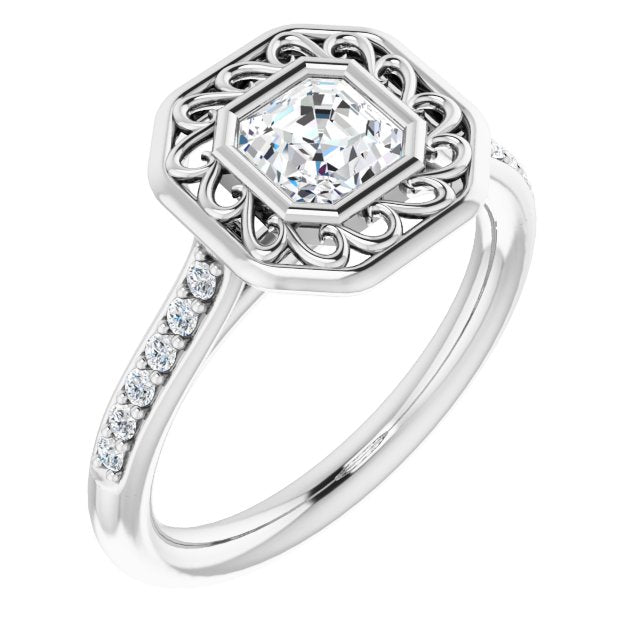 10K White Gold Customizable Cathedral-Bezel Asscher Cut Design with Floral Filigree and Thin Shared Prong Band