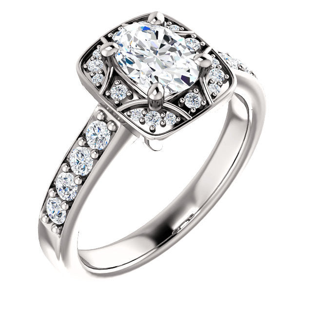 Cubic Zirconia Engagement Ring- The Payton (Customizable Oval Cut with Segmented Cluster-Halo and Large-Accented Band)