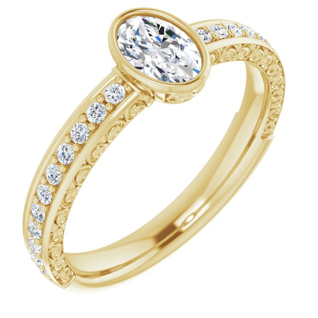 10K Yellow Gold Customizable Bezel-set Oval Cut Design with Cloud-pattern Band & Semi-Eternity Accents