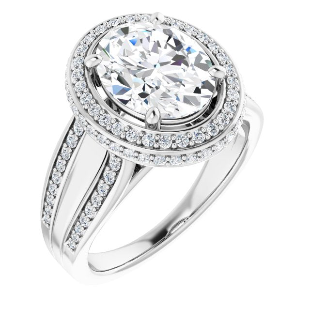 10K White Gold Customizable Halo-style Oval Cut with Under-halo & Ultra-wide Band