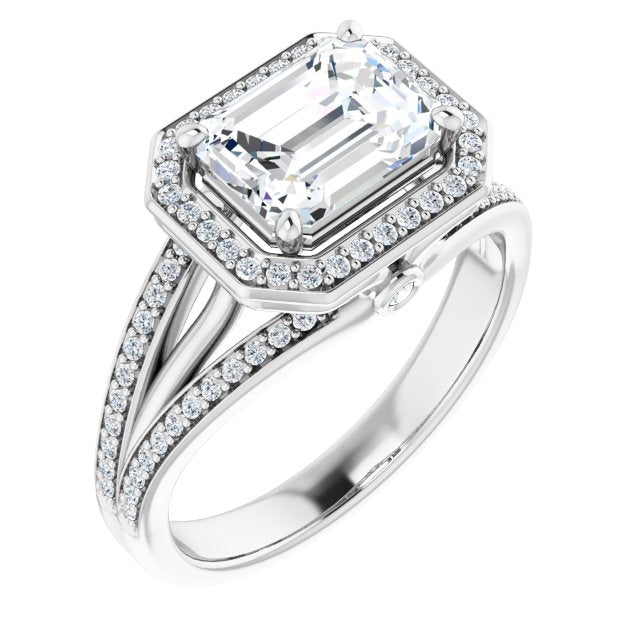 Cubic Zirconia Engagement Ring- The Hanna Jo (Customizable High-set Radiant Cut Design with Halo, Wide Tri-Split Shared Prong Band and Round Bezel Peekaboo Accents)