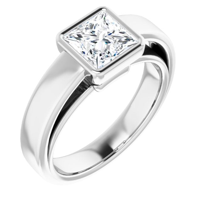 10K White Gold Customizable Cathedral-Bezel Princess/Square Cut Solitaire with Wide Band
