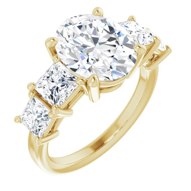 10K Yellow Gold Customizable 5-stone Oval Cut Style with Quad Princess-Cut Accents