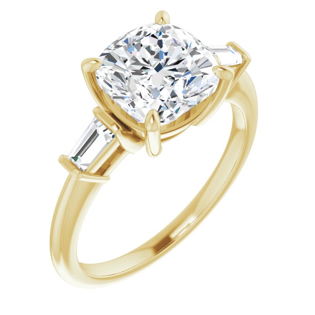 10K Yellow Gold Customizable 3-stone Cushion Cut Design with Dual Baguette Accents)