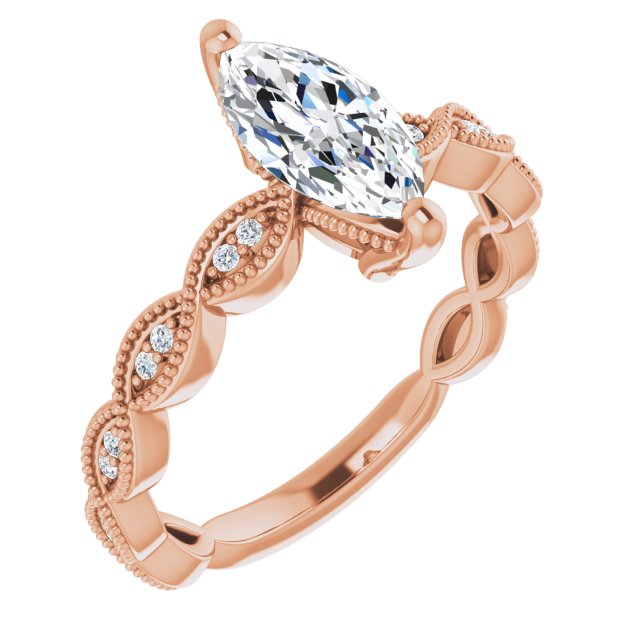 10K Rose Gold Customizable Marquise Cut Artisan Design with Scalloped, Round-Accented Band and Milgrain Detail
