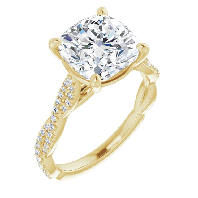 10K Yellow Gold Customizable Cushion Cut Style with Thin and Twisted Micropavé Band