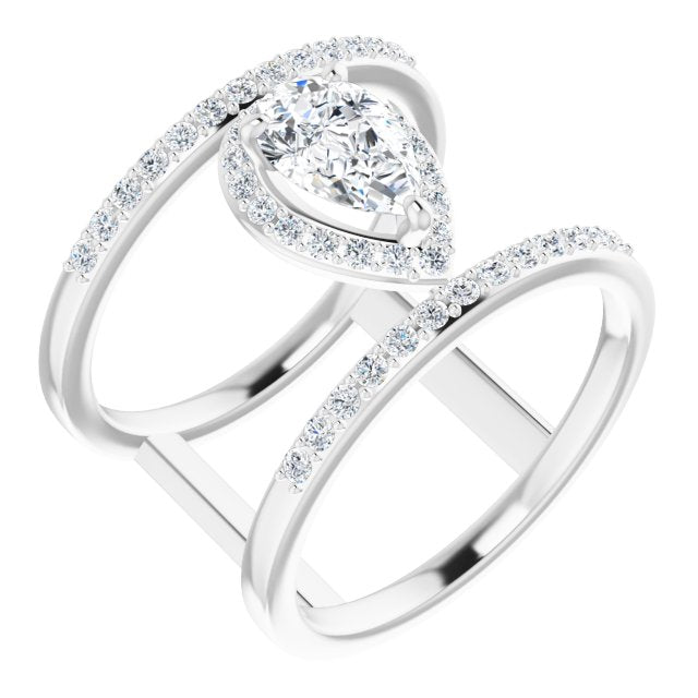 10K White Gold Customizable Pear Cut Halo Design with Open, Ultrawide Harness Double Pavé Band
