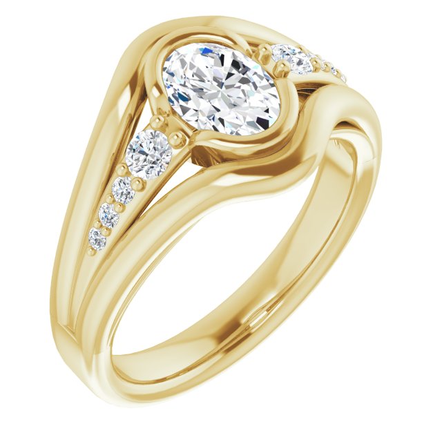 10K Yellow Gold Customizable 9-stone Oval Cut Design with Bezel Center, Wide Band and Round Prong Side Stones
