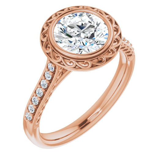 10K Rose Gold Customizable Cathedral-Bezel Round Cut Design featuring Accented Band with Filigree Inlay