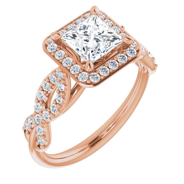 10K Rose Gold Customizable Cathedral-Halo Princess/Square Cut Design with Artisan Infinity-inspired Twisting Pavé Band