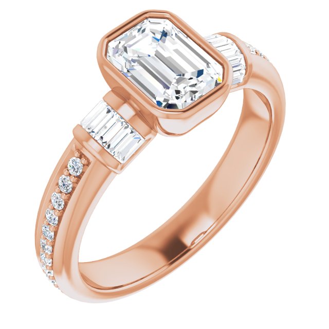 10K Rose Gold Customizable Cathedral-Bezel Emerald/Radiant Cut Style with Horizontal Baguettes & Shared Prong Band