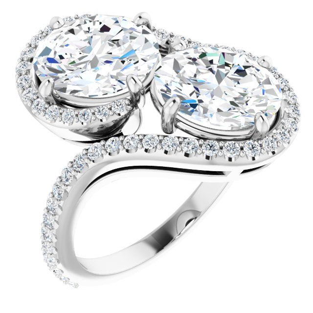 10K White Gold Customizable Double Oval Cut 2-Stone Style Enhanced with Accented Artisan Bypass Band