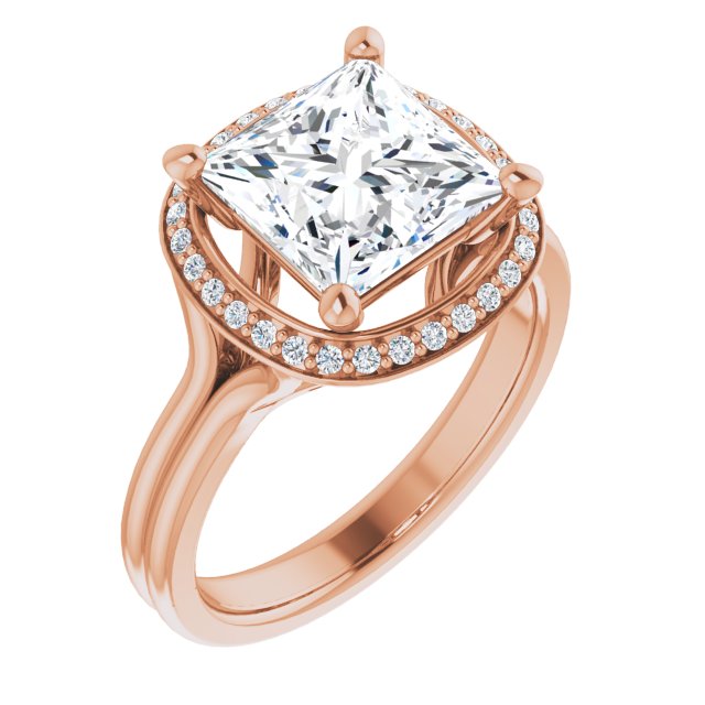 10K Rose Gold Customizable Cathedral-set Princess/Square Cut Design with Split-band & Halo Accents