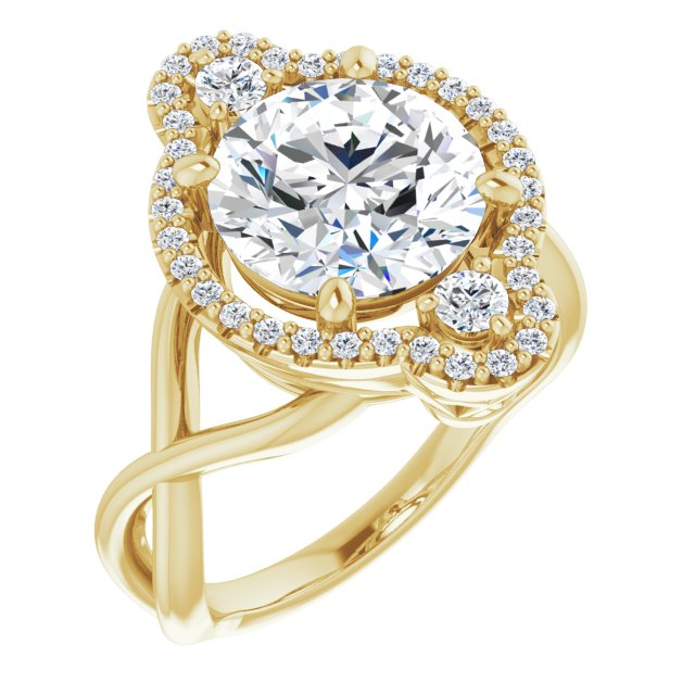 10K Yellow Gold Customizable Vertical 3-stone Round Cut Design Enhanced with Multi-Halo Accents and Twisted Band