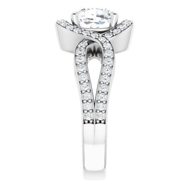 Cubic Zirconia Engagement Ring- The Effie (Customizable Cushion Cut Center with Infinity-inspired Split Shared Prong Band and Bypass Halo)