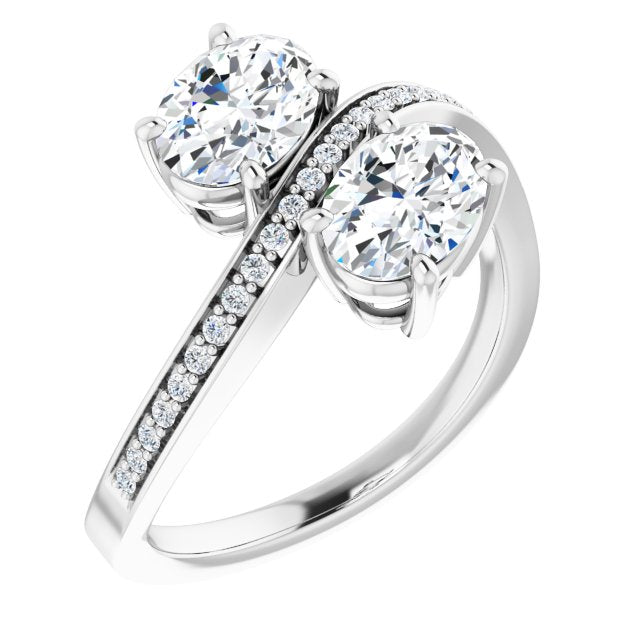 10K White Gold Customizable 2-stone Oval Cut Bypass Design with Thin Twisting Shared Prong Band