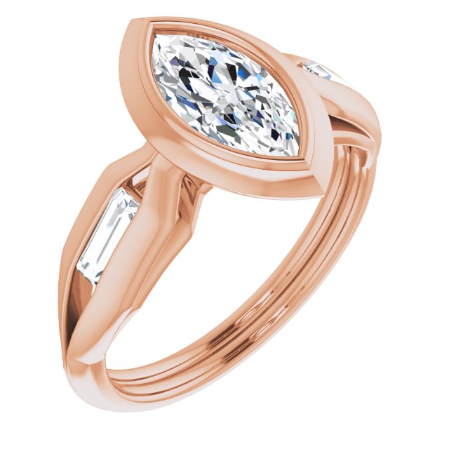 10K Rose Gold Customizable Bezel-set Marquise Cut Design with Wide Split Band & Tension-Channel Baguette Accents