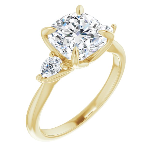 10K Yellow Gold Customizable 3-stone Design with Cushion Cut Center and Dual Large Pear Side Stones