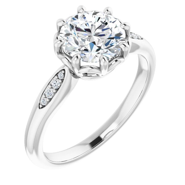 10K White Gold Customizable 9-stone Round Cut Design with 8-prong Decorative Basket & Round Cut Side Stones