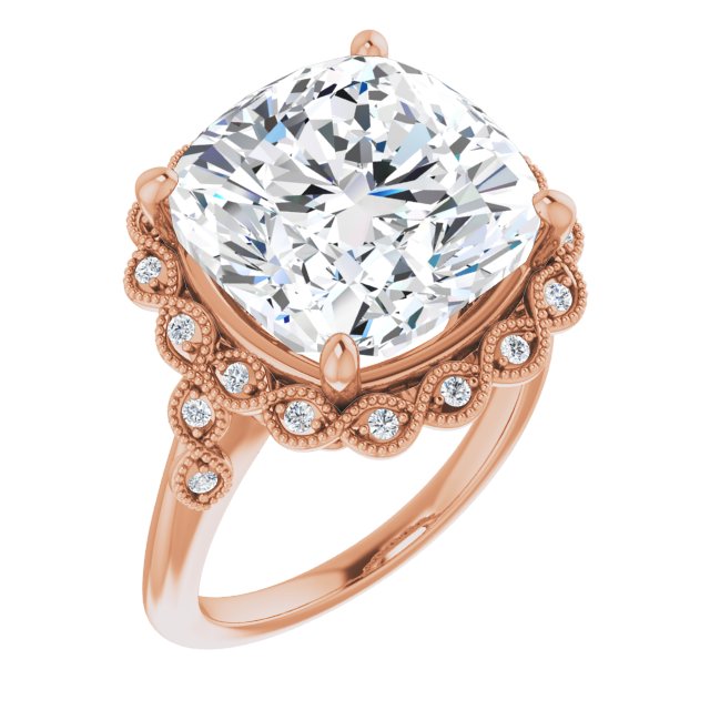 10K Rose Gold Customizable 3-stone Design with Cushion Cut Center and Halo Enhancement